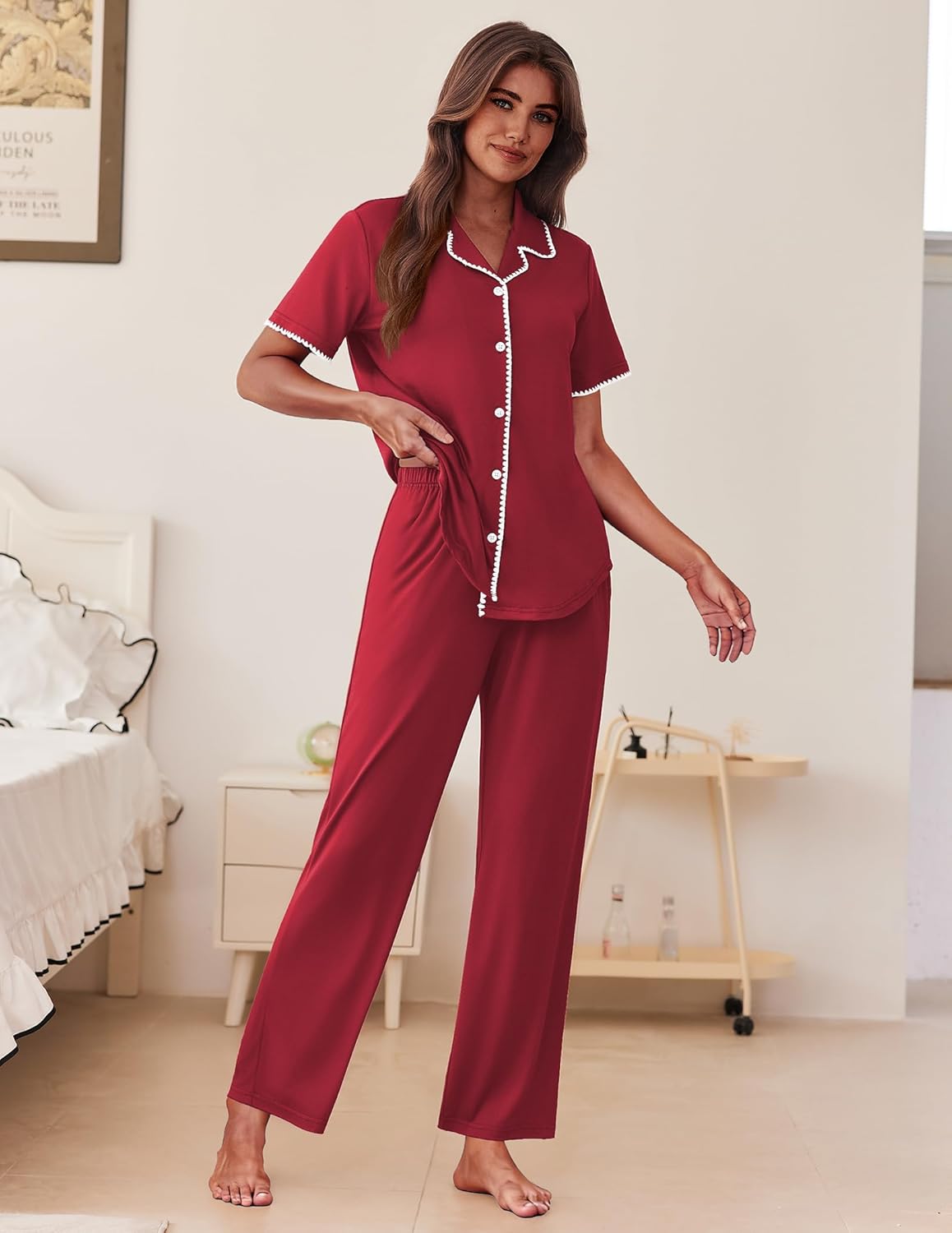 Red button-front pajama set with short sleeves and wide-leg pants, contrast piping