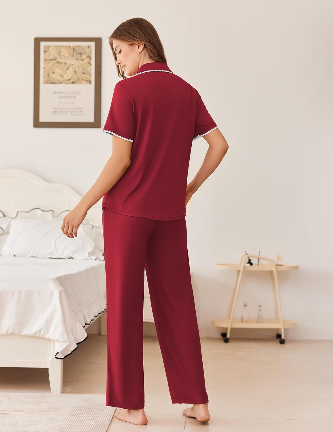 Red pajama set with short-sleeve button top and wide-leg pants, back view