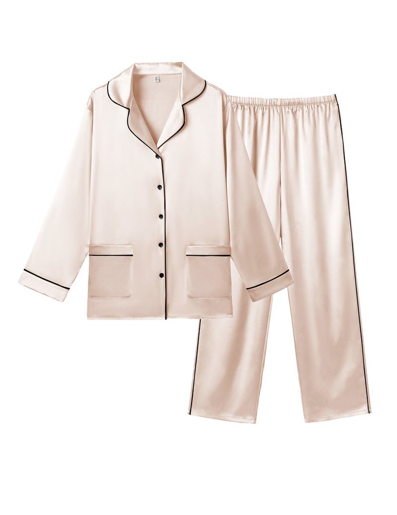 Champagnerfarbenes Satin-Pajama-Set: Knopfhemd mit Taschen & lange weite Hose