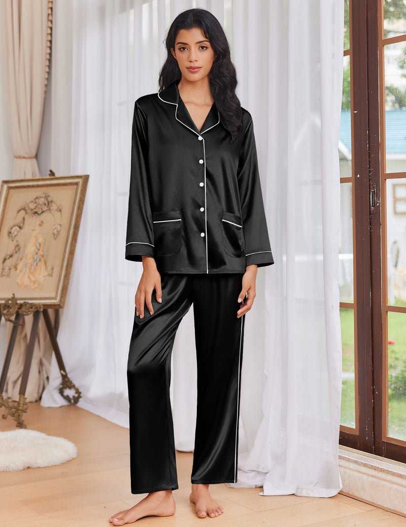 Schwarzes Satin-Pyjama-Set mit Knopfleiste, kontrastierten Paspeln und langen Hosen