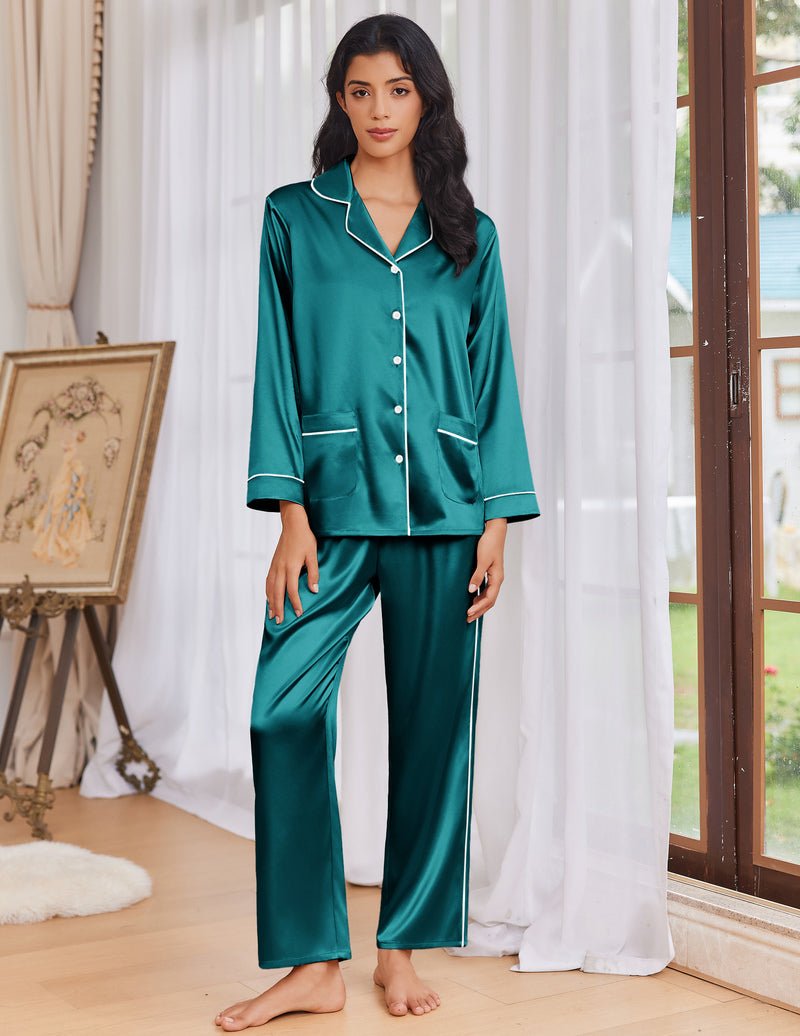 Petrolfarbenes Satin-Pajama-Set: Knopfhemd mit Kontrastpaspel, Brusttaschen, lange Hose