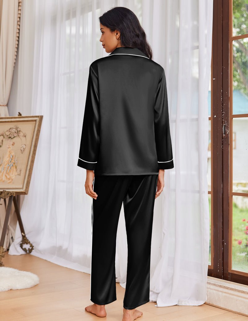 Schwarzes Satin-Pyjama-Set, Rückansicht mit Kragen und langen Hosen