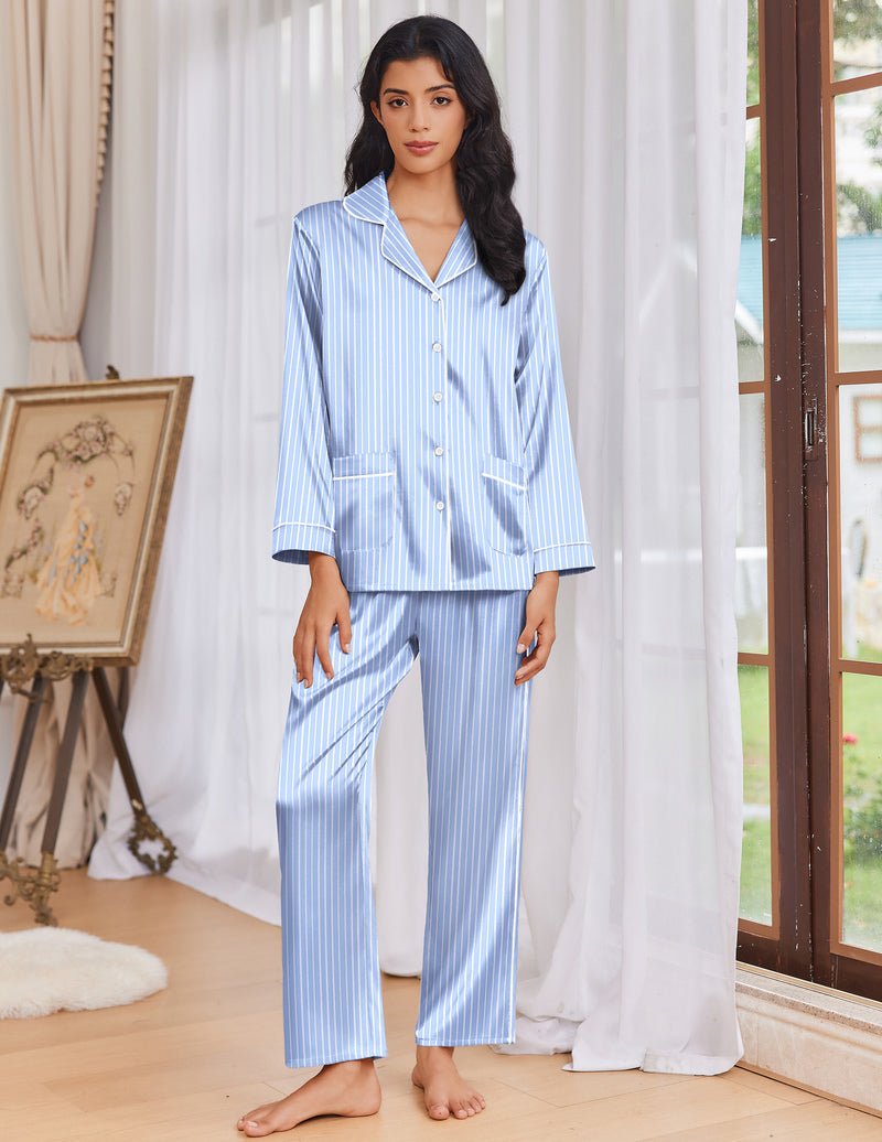 Clear blue striped satin pajama set, button-front top and wide-leg long pants
