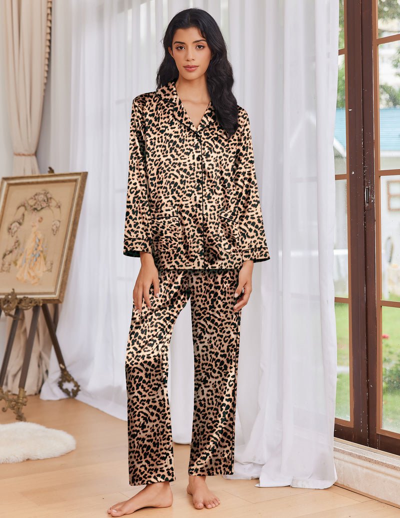Beiges Leopardenmuster Satin-Pyjama-Set mit Knopfleiste und langen Hosen