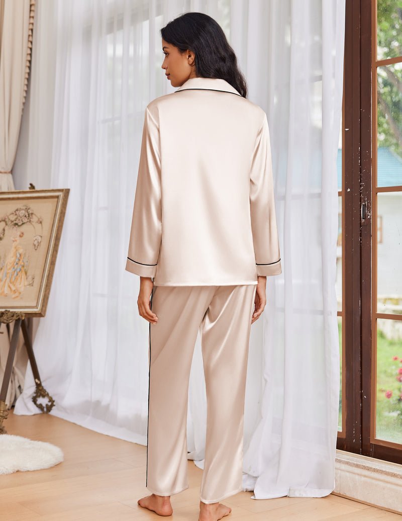 Creme/Champagner Satin-Pyjama-Set, Rückansicht mit Kragen und langen Hosen