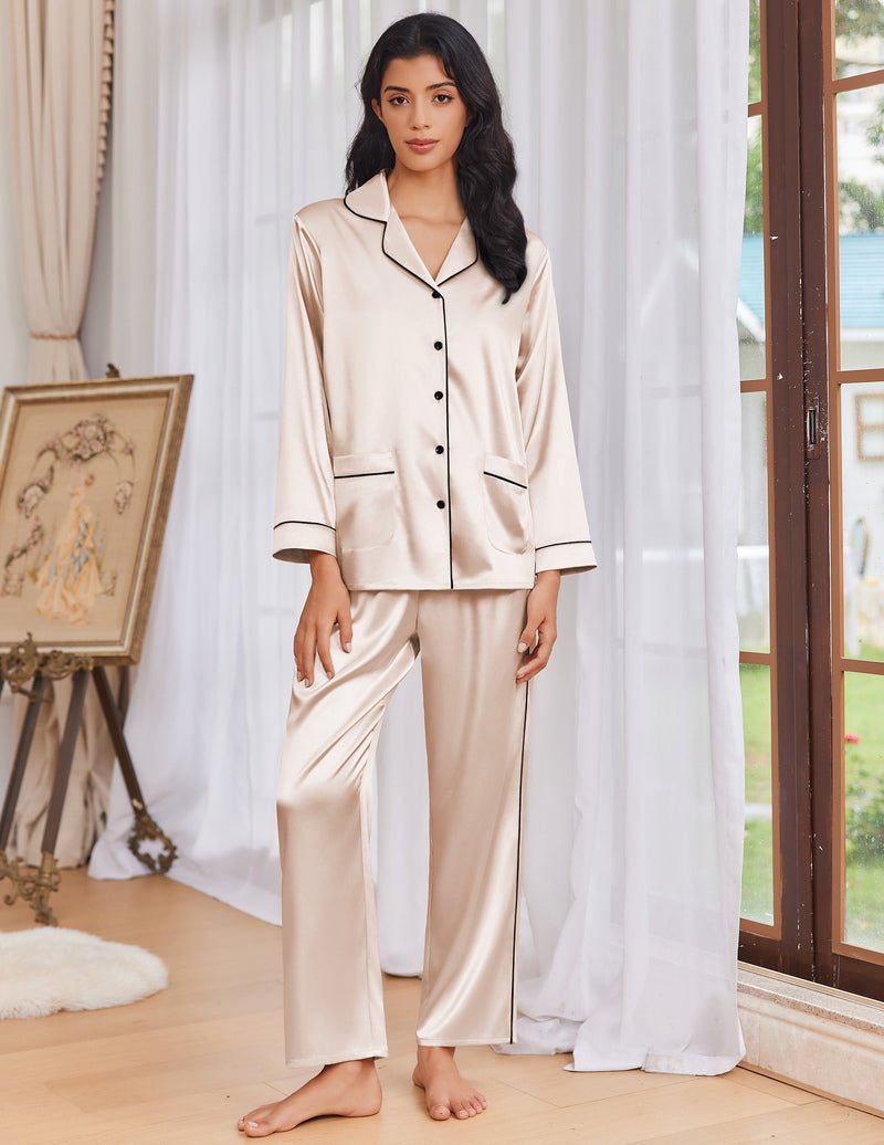 Satin-Pyjama-Set mit Knopfleiste, Creme/Champagner, Hemdkragen und langen Hosen