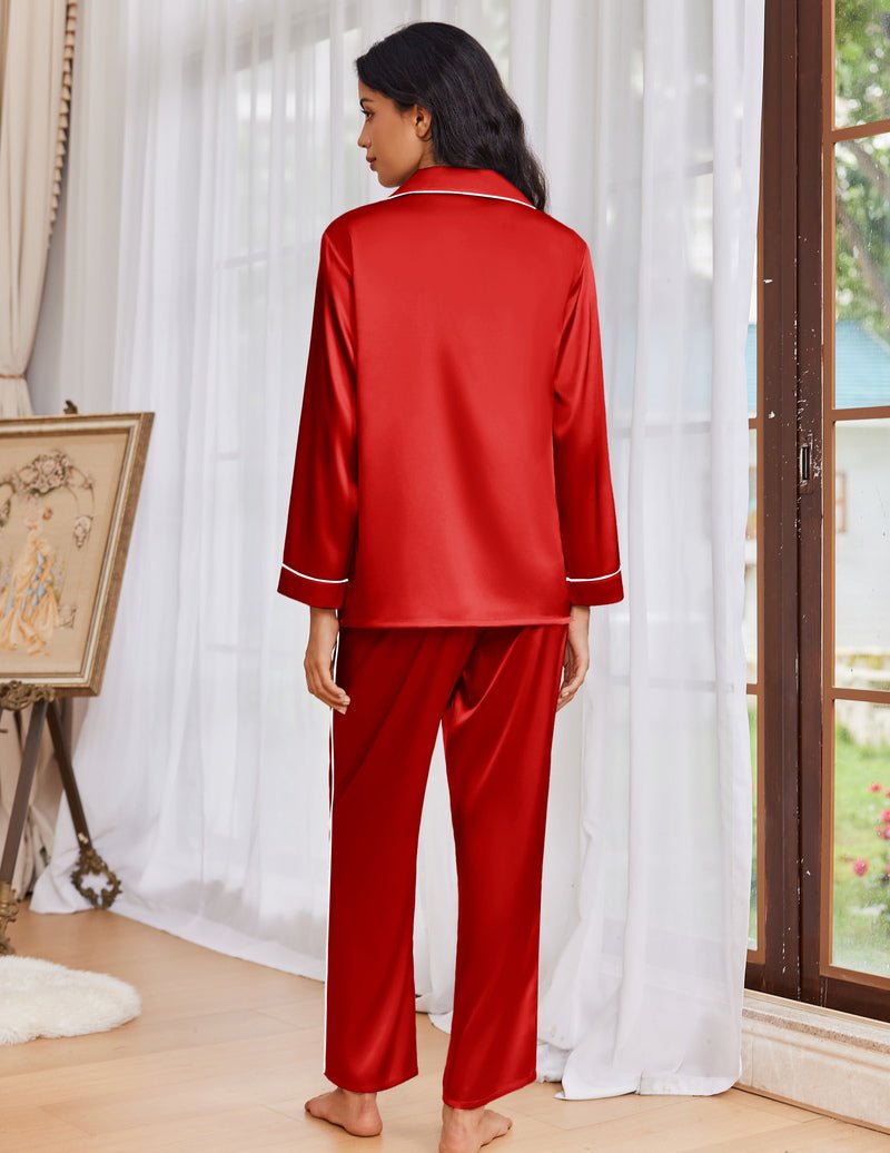 Wine red satin pajama set, button-front top and long pants, back view