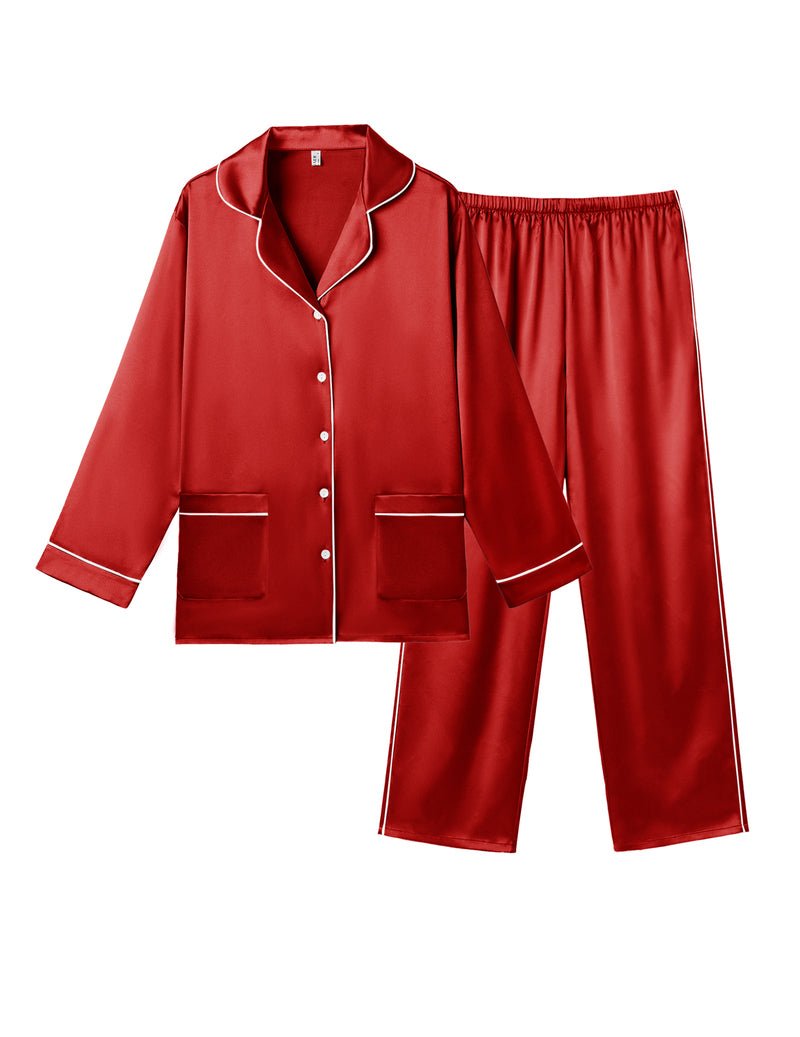 Wine-red satin pajama set flat lay: button-up top and matching long pants