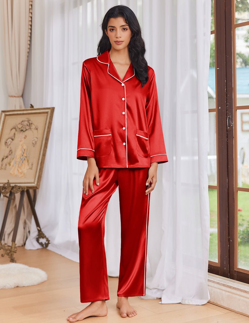 Wine-red satin pajama set with button-up top and long pants, white trim