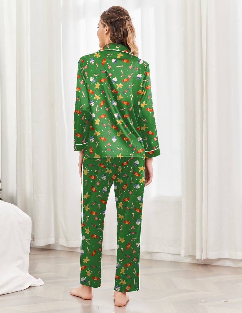 Green printed satin pajama set, back view of button-up top and long pants