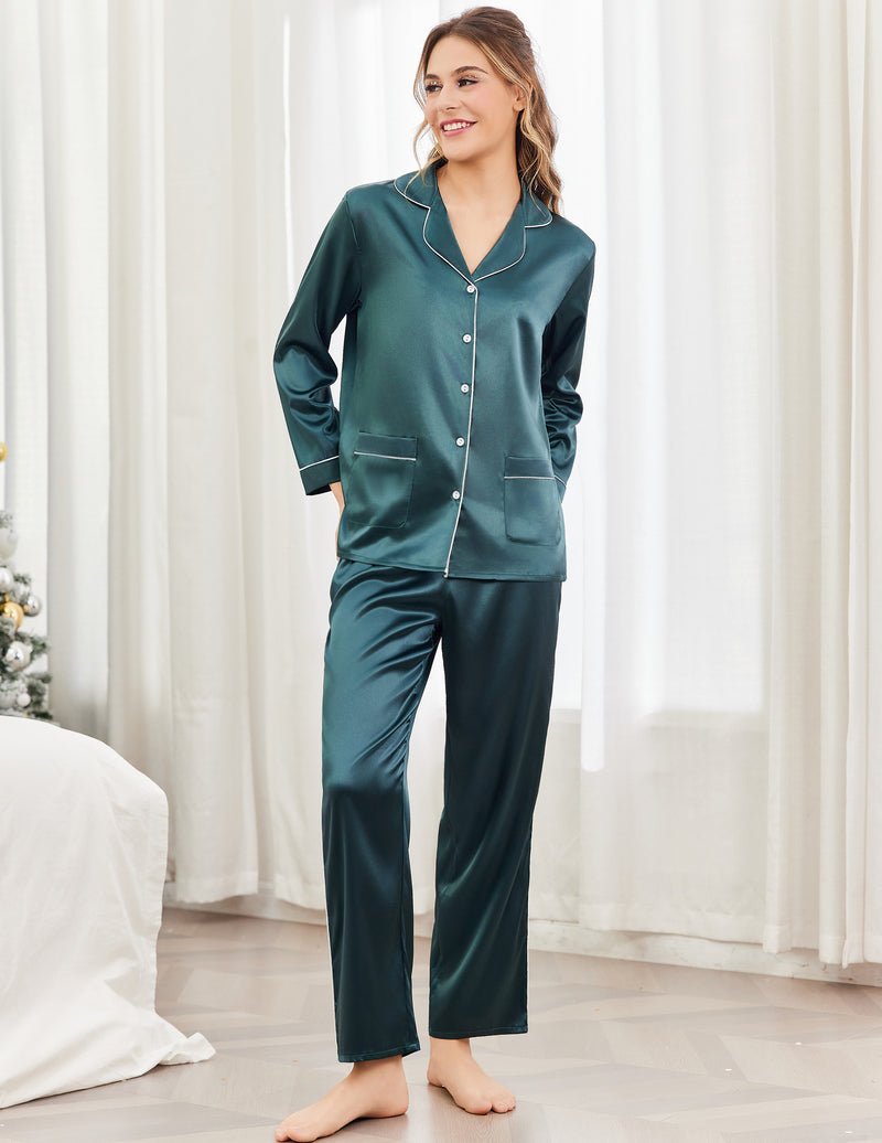 Teal satin pajama set with notch collar, button placket, and patch pockets