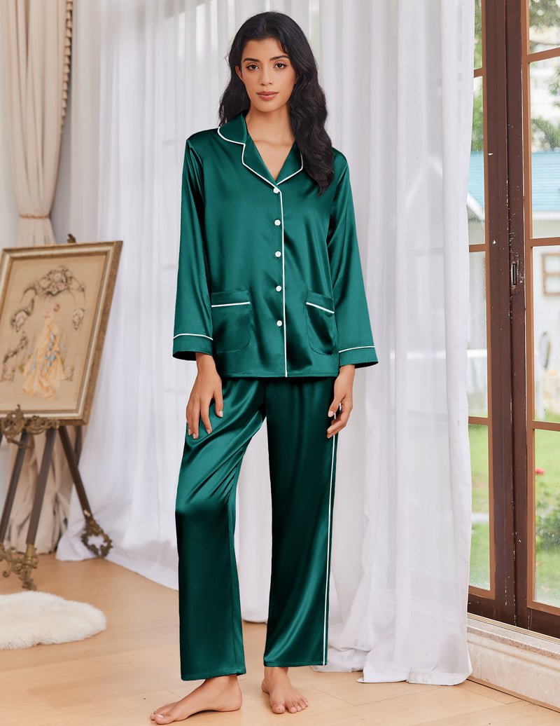 Dunkelgrünes Satin-Pajama-Set: Knopfhemd mit Paspel, Brusttaschen, lange Hose