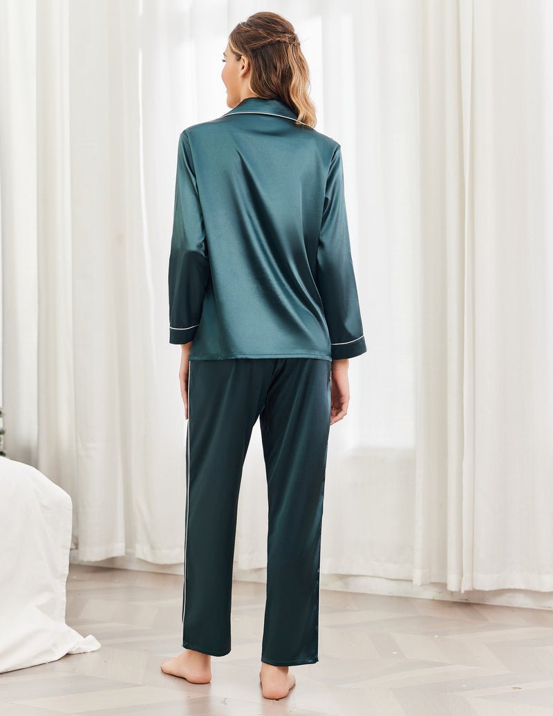 Satin pajama set in teal with button-front top and matching wide-leg pants