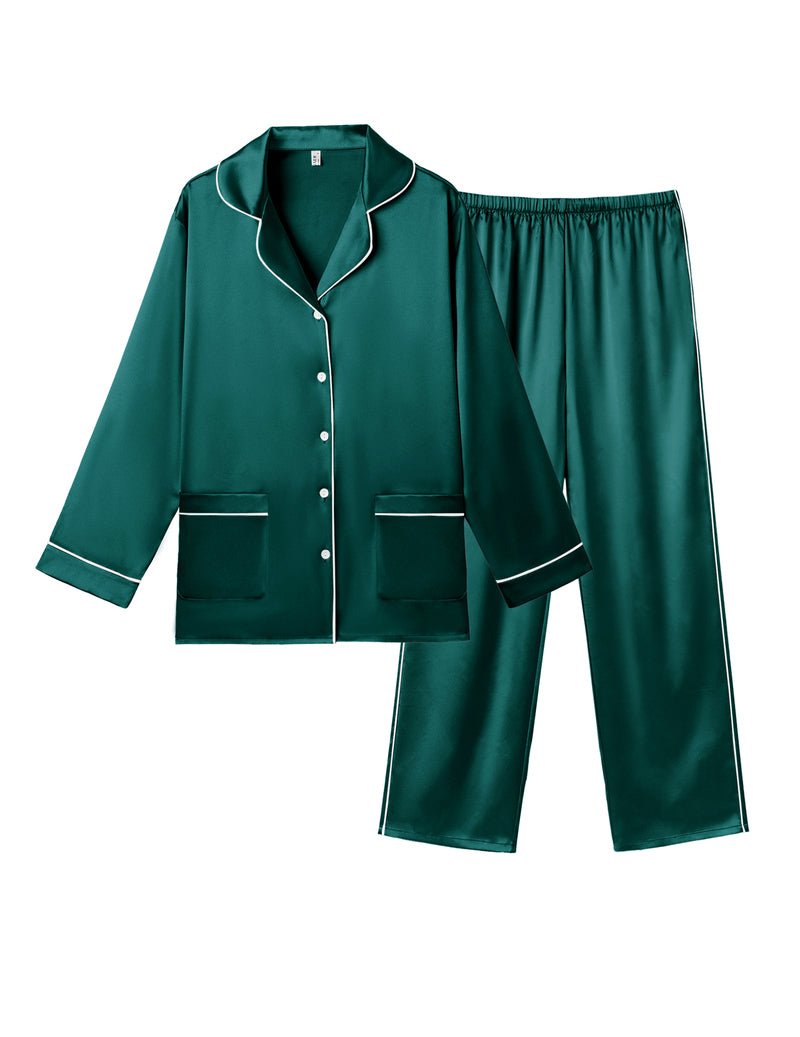 Dark green satin pajama set, button shirt with patch pockets and elastic-waist pants