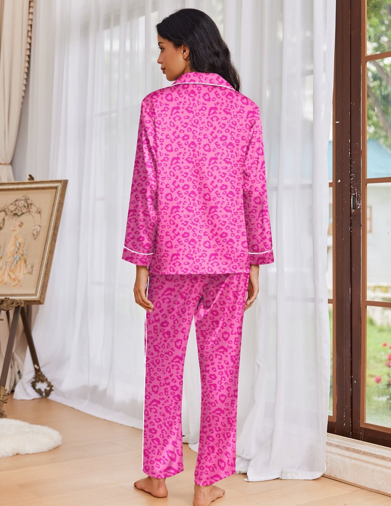 Pinkes Leopardenmuster Satin-Pyjama-Set, Rückansicht mit Kragen und langen Hosen