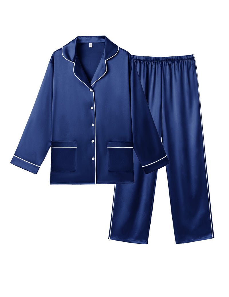 Navy satin pajama set, button shirt with patch pockets and elastic-waist pants