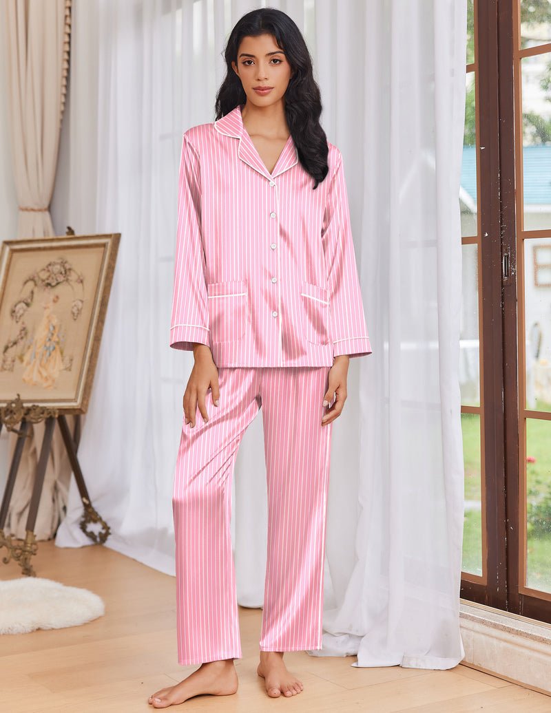 Pink striped satin pajama set, button-front top and long straight-leg pants