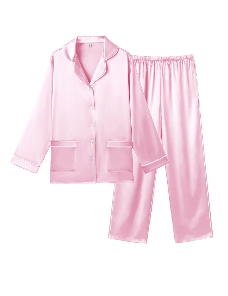 Pink satin pajama set, button shirt with patch pockets and elastic-waist pants