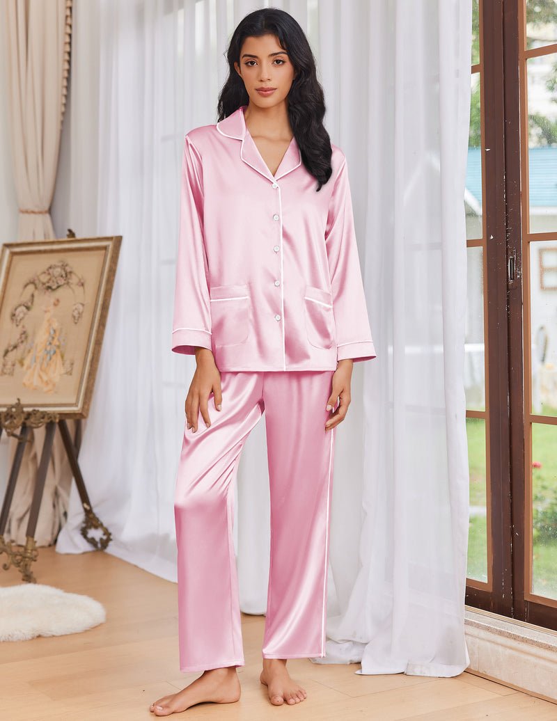 Light pink satin pajama set with button-front top and matching wide-leg pants