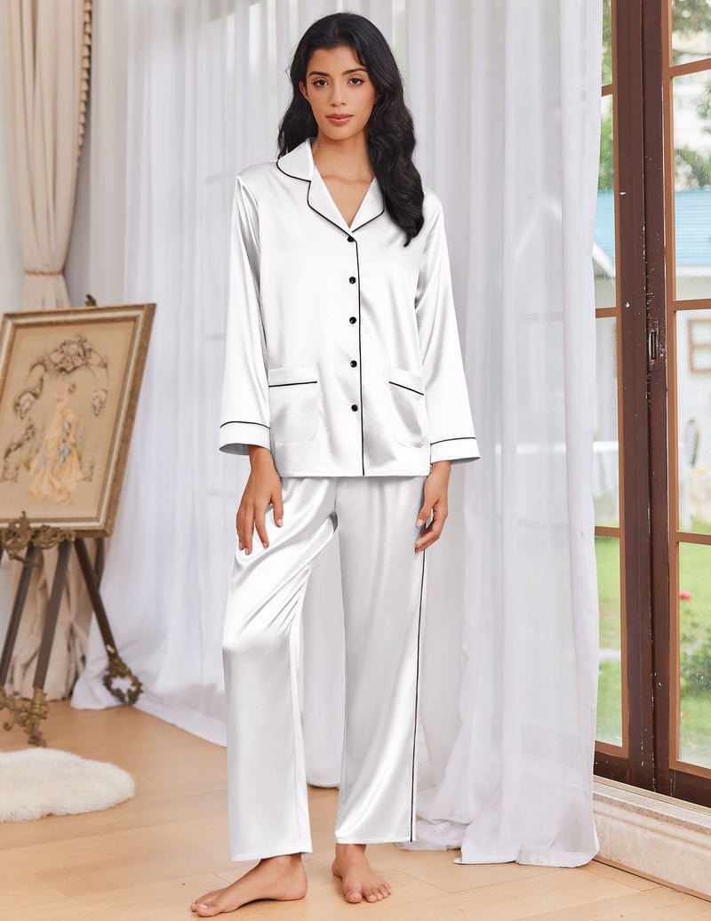 White satin pajama set with button-front top and long pants