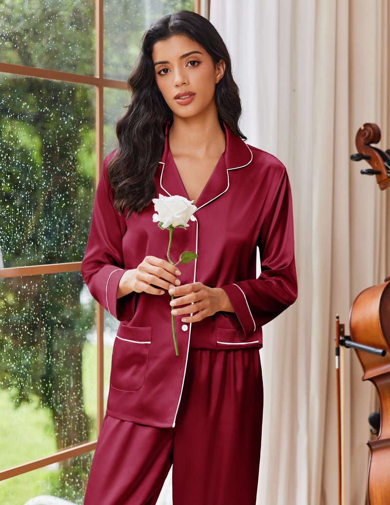 Wine red satin pajama set with button-down top and matching drawstring pants