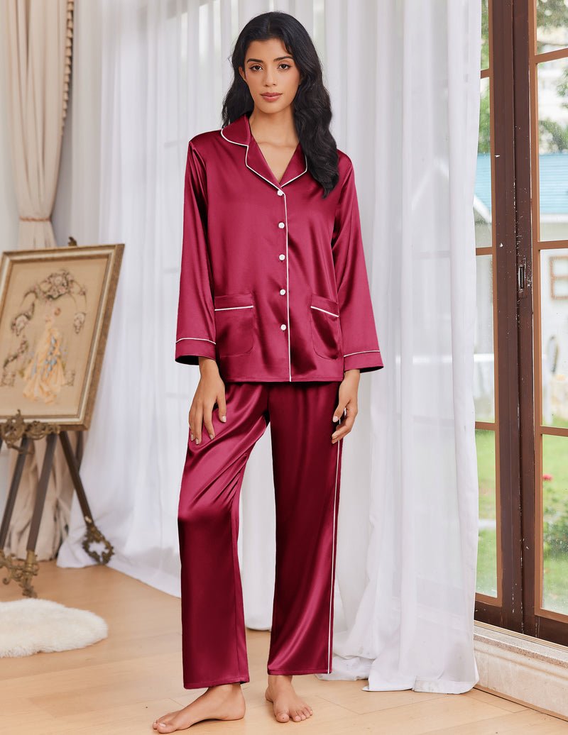 Wine red satin pajama set with button-front top and long pants, front view