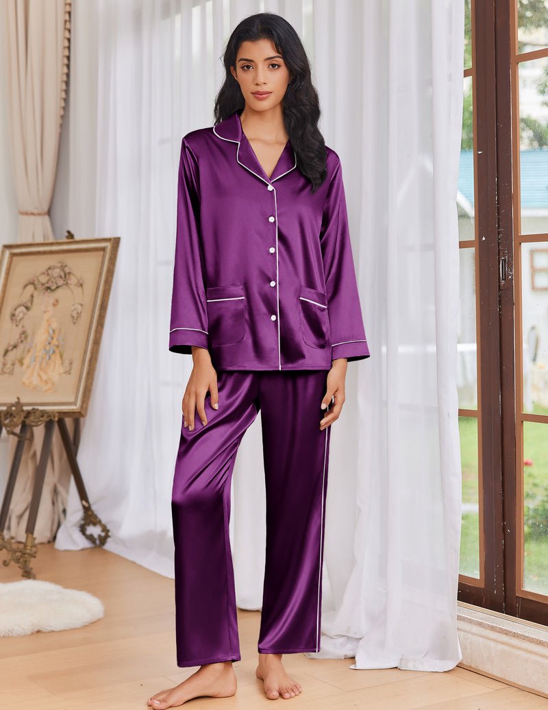 Purple satin pajama set with button-front top and matching long pants