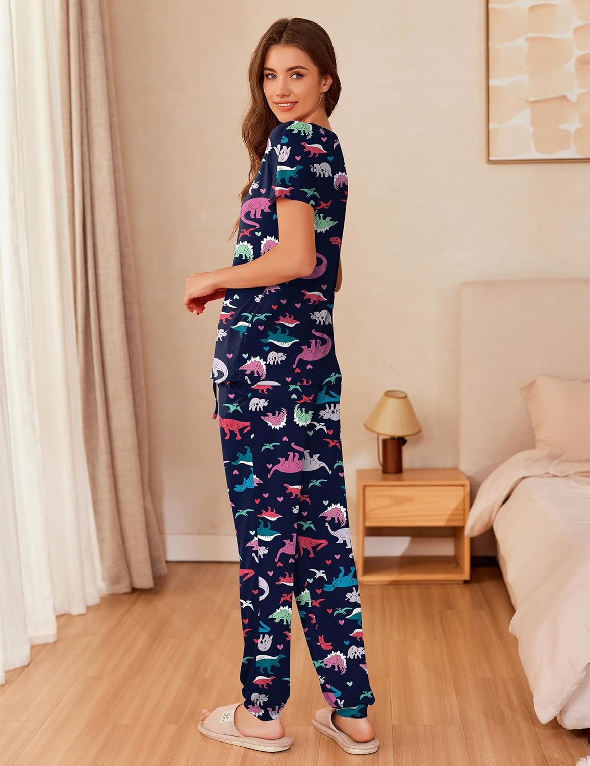 Navy dinosaur pattern pajama set, short-sleeve top with full-length matching pants