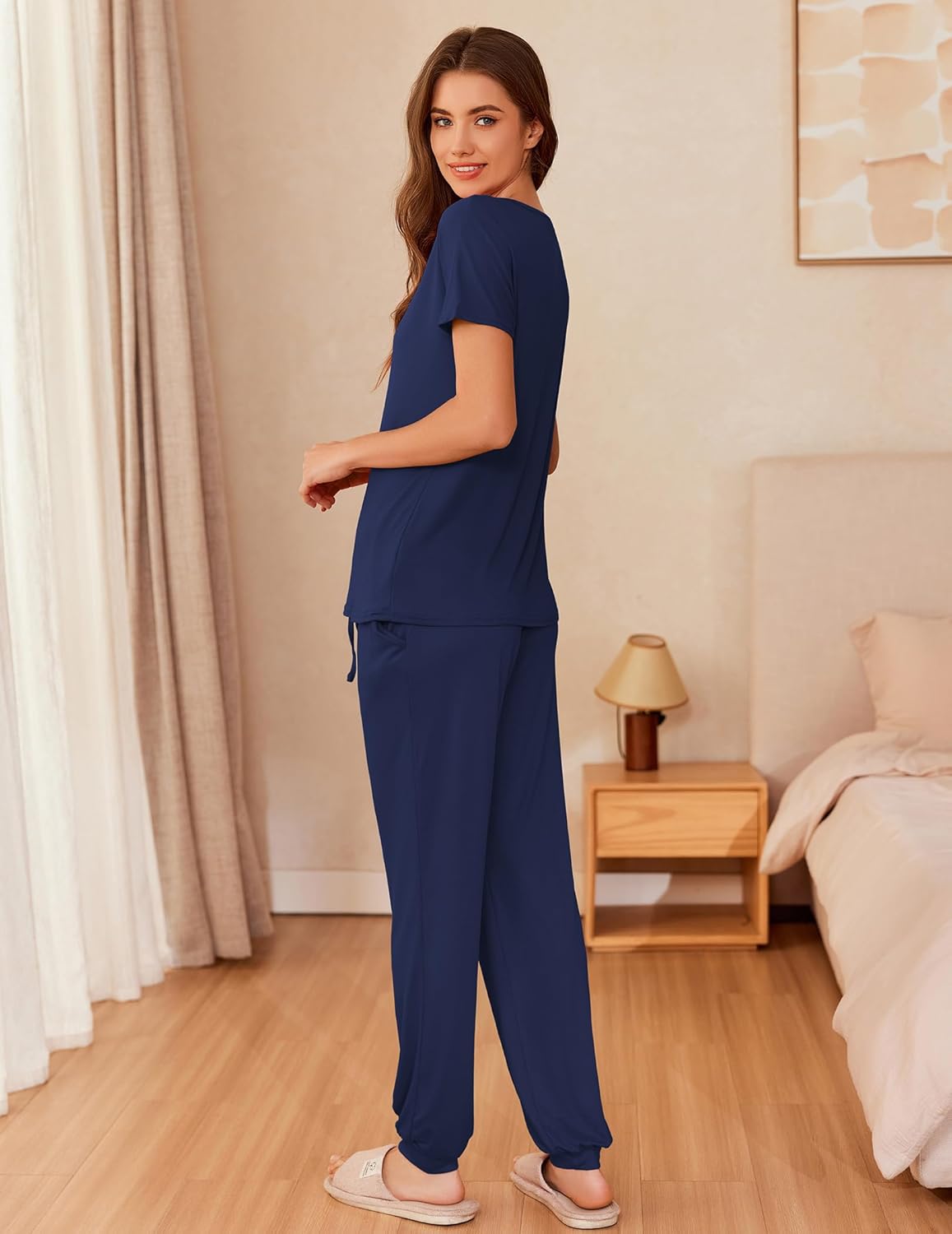 Ekouaer Pyjama-Set Marineblau: Kurzarmoberteil mit langer Hose im Lounge-Style