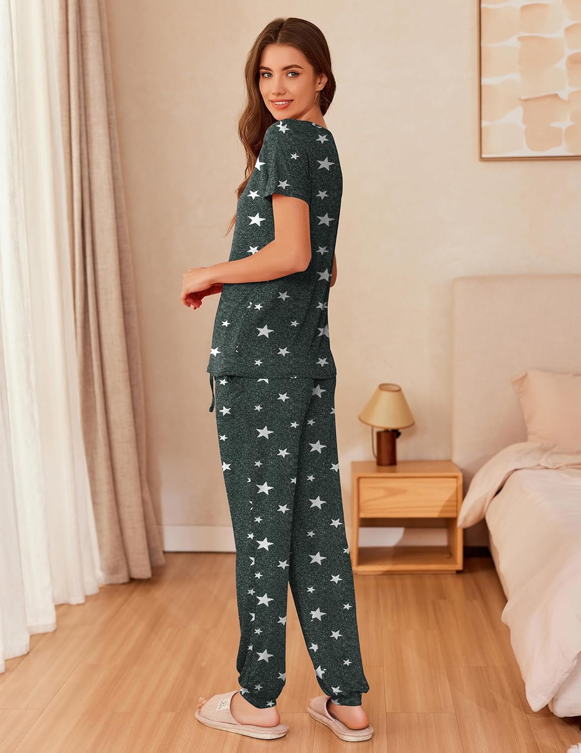 Ekouaer Pyjama-Set Dunkelgrau mit weißen Sternen: Top mit Hose im Set