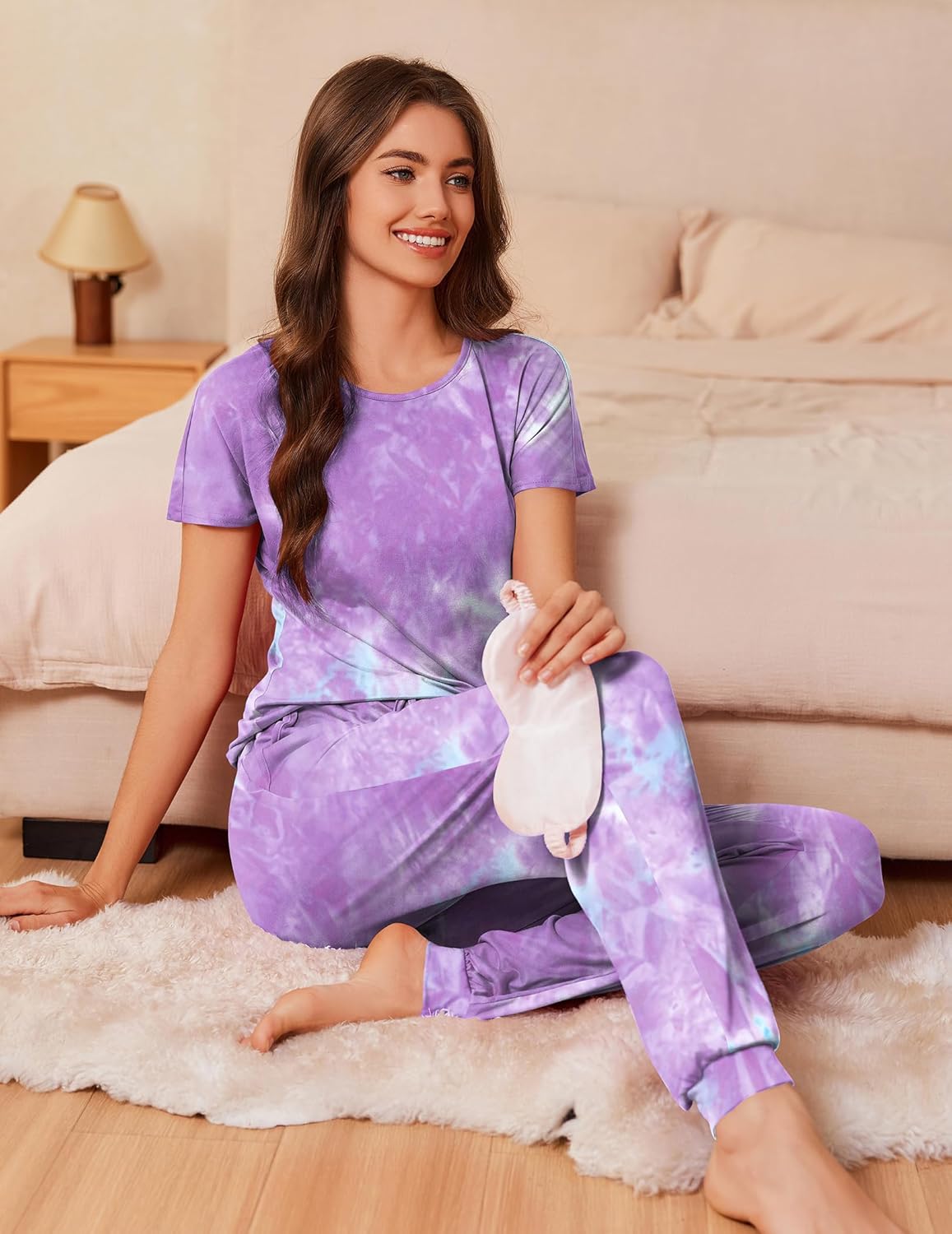 Purple tie-dye pajama set with short sleeves and matching pants, cozy lounge sleep set
