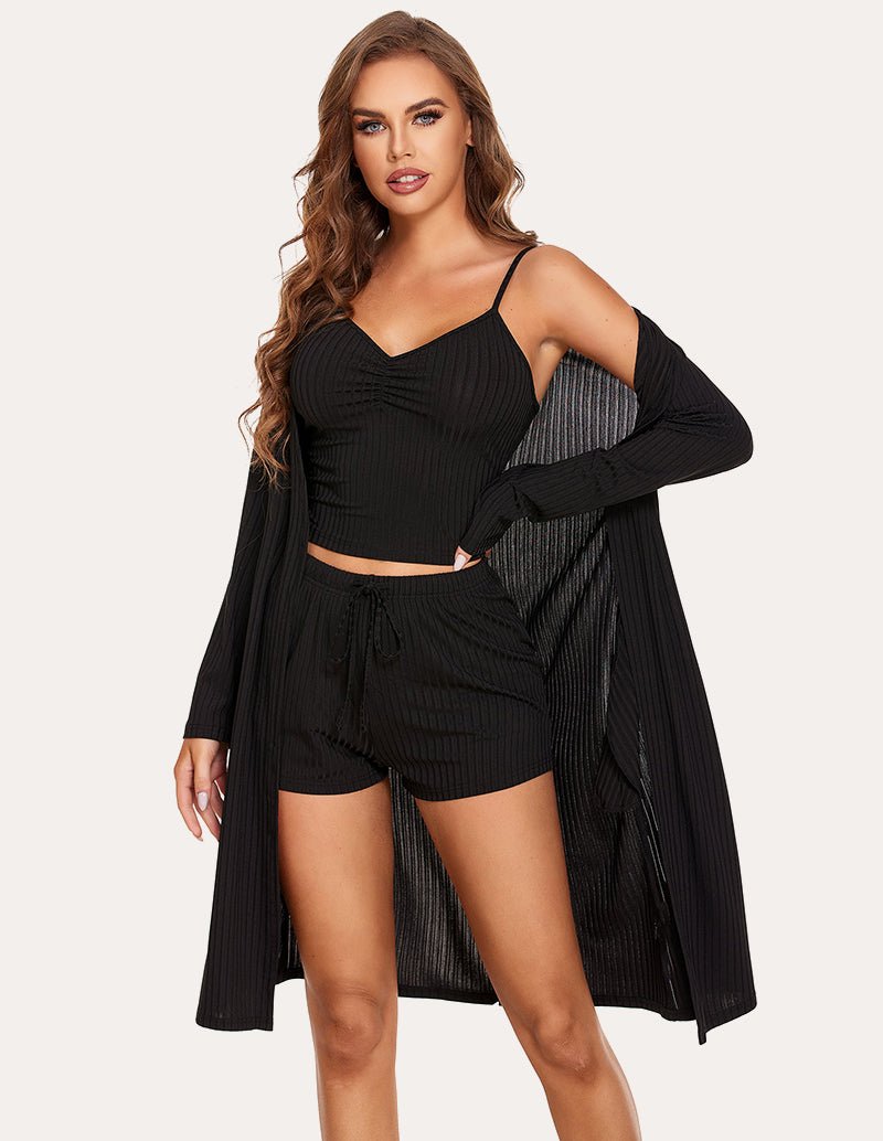 Schwarzes 3-teiliges Pyjama-Set: Trägeroberteil, Shorts und lange Kimono-Robe