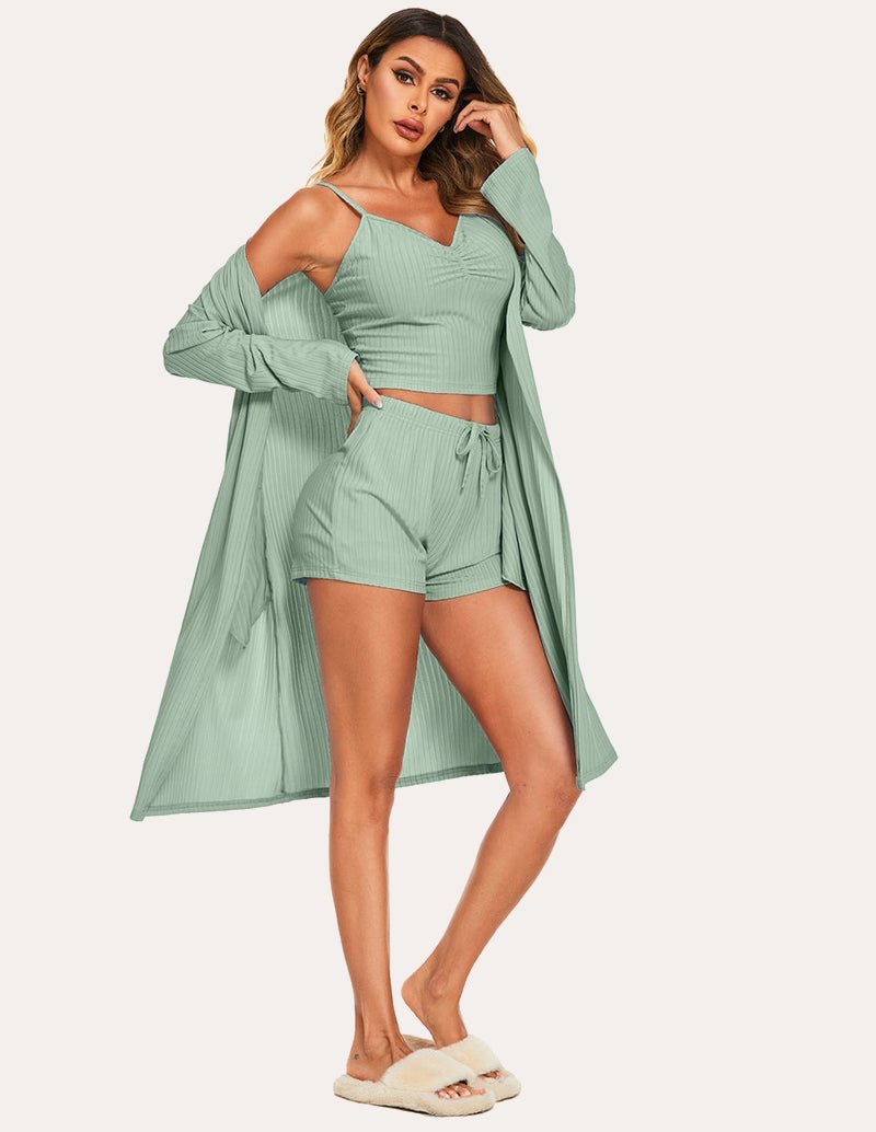 Schlafanzug-Set 3-tlg. grün: Trägerhemd, Shorts mit Kordel, lange Kimono-Robe