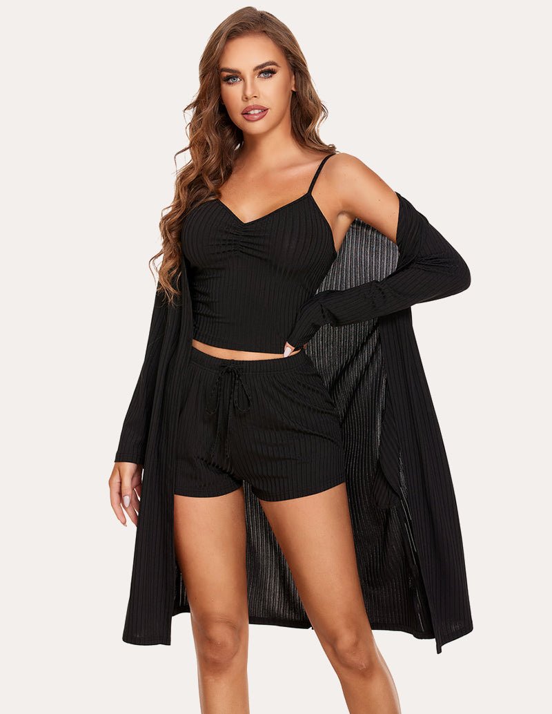Schlafanzug-Set 3-tlg. schwarz: Trägerhemd, Shorts mit Kordel, lange Kimono-Robe