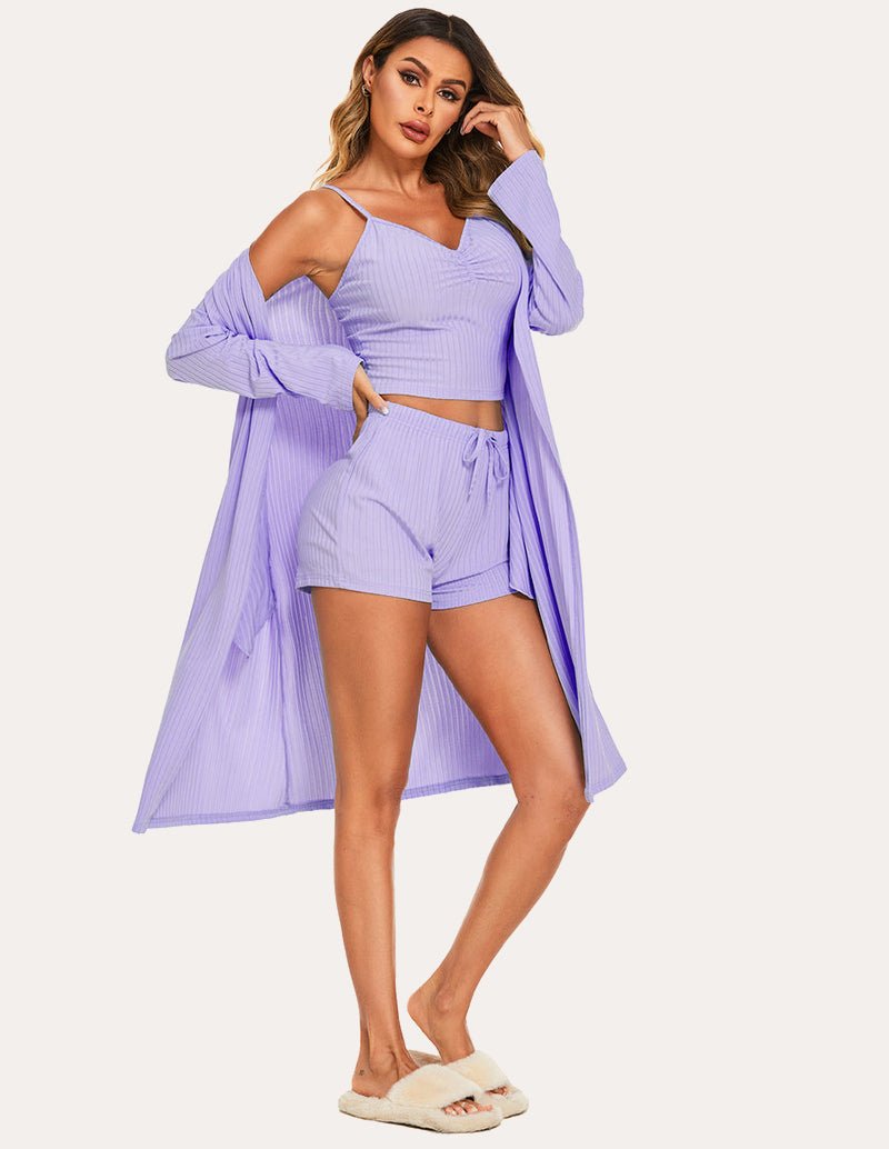 Schlafanzug-Set 3-tlg. lila: Trägerhemd, Shorts mit Kordel, lange Kimono-Robe