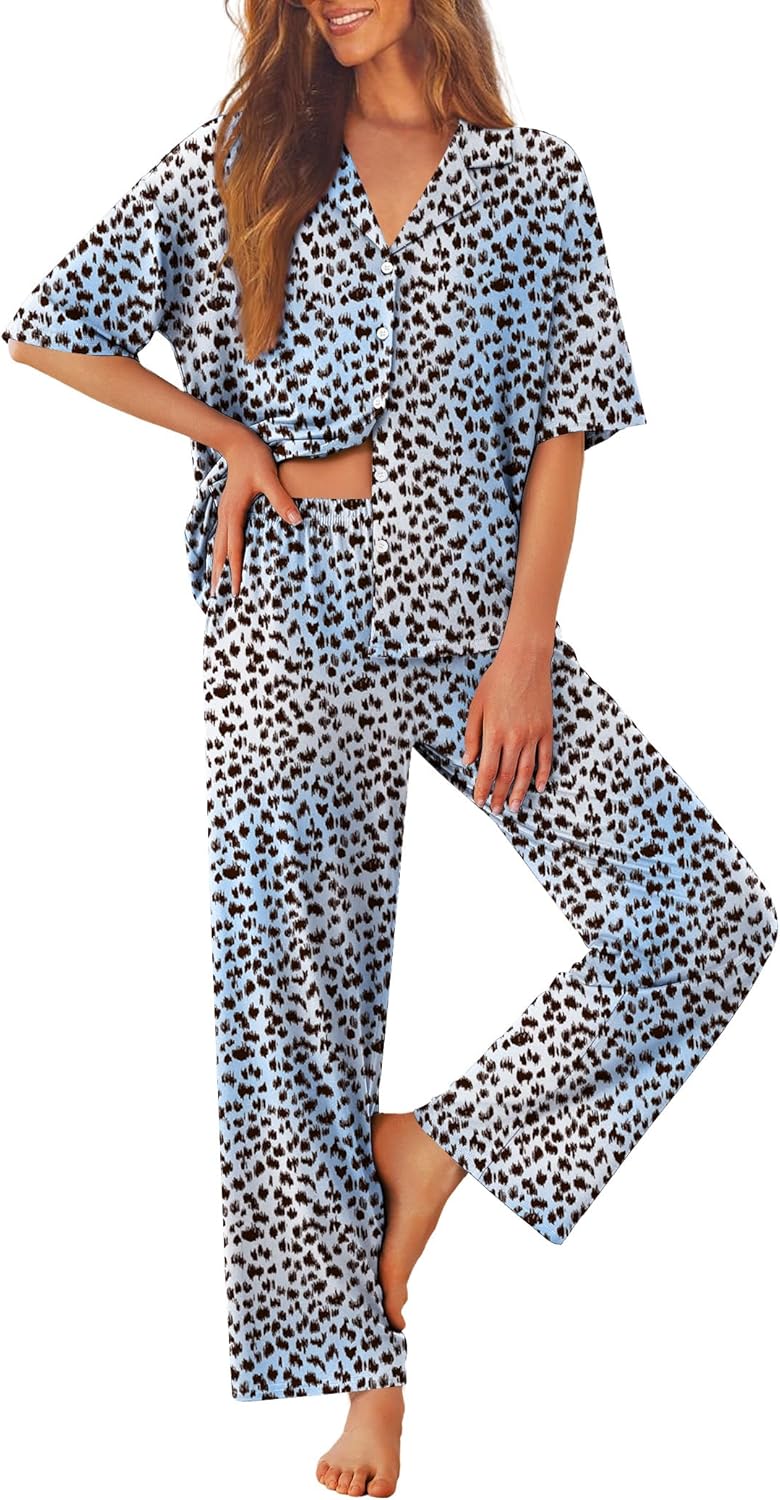 Blue Leopard pajama set: short-sleeve button top with matching long wide-leg pants
