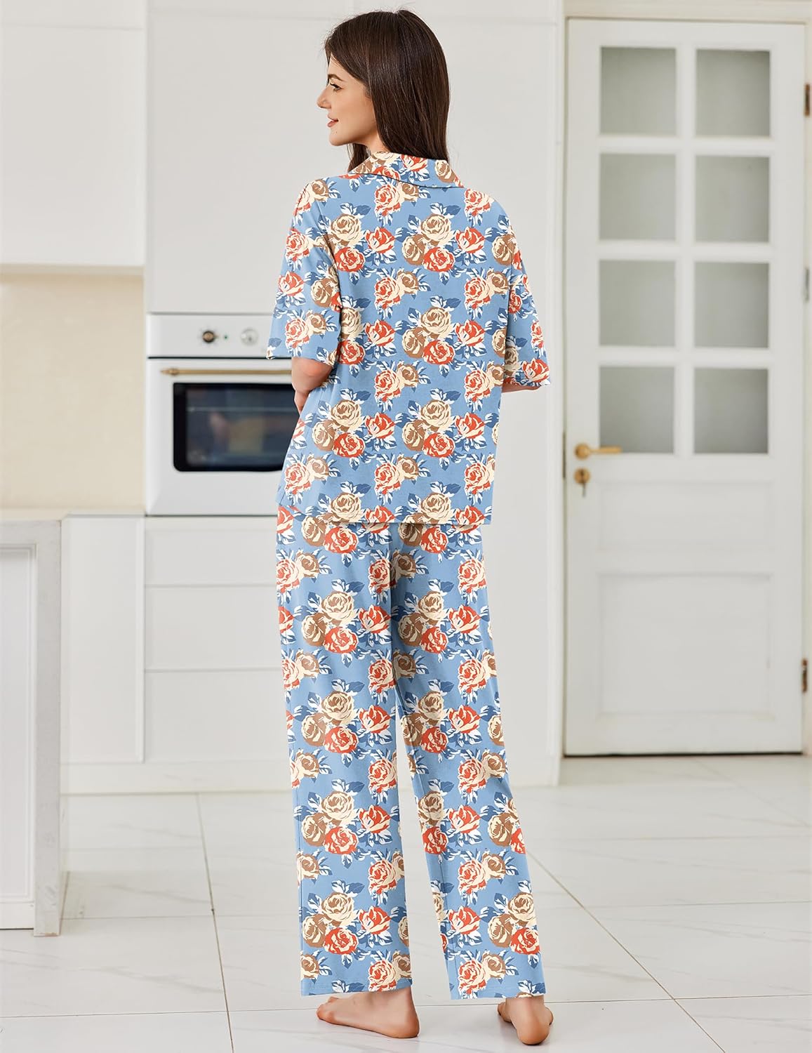 Blue Flower pajama set: back view of short-sleeve button shirt and wide-leg pants