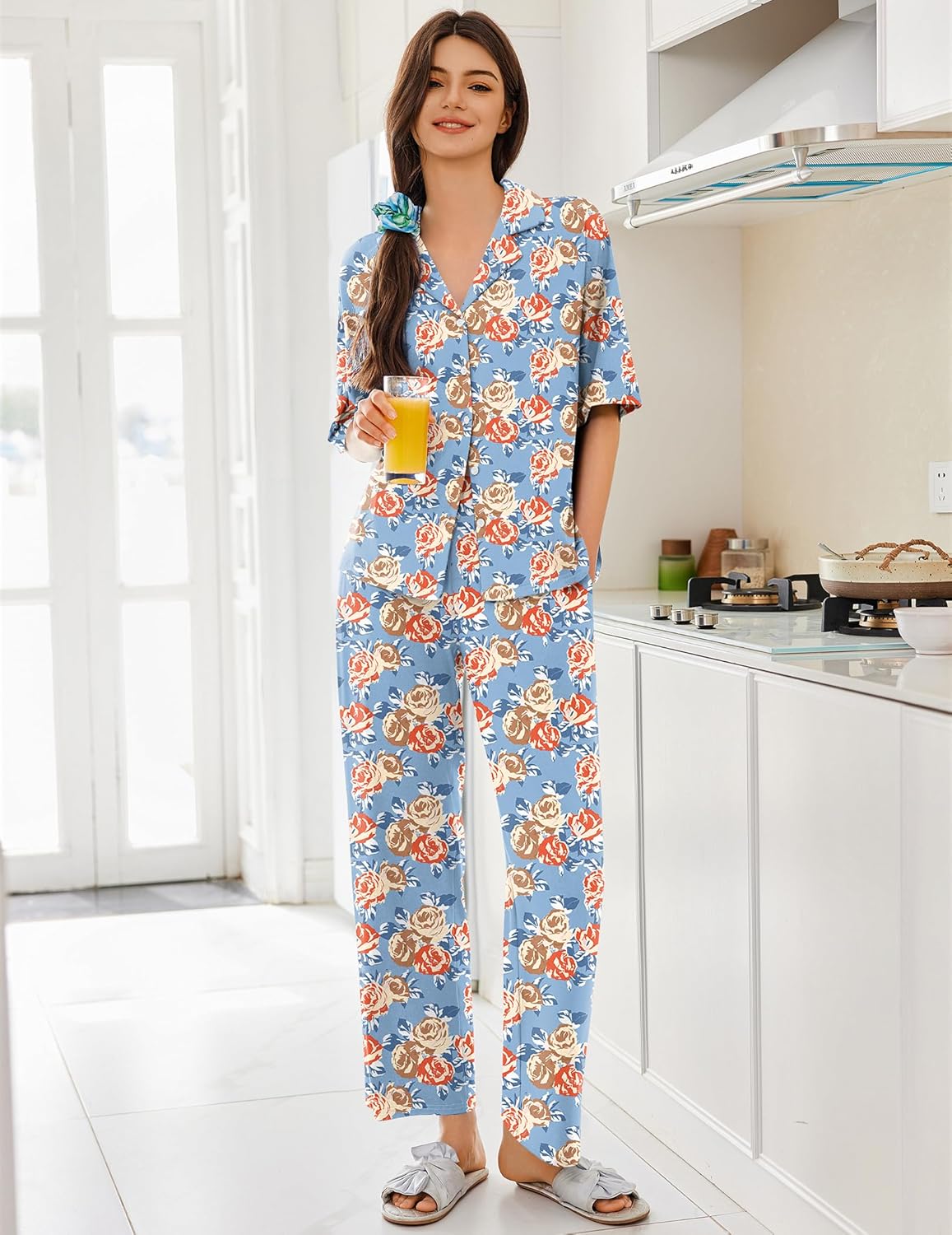 Blue Flower pajama set: short-sleeve button-up shirt with floral wide-leg trousers