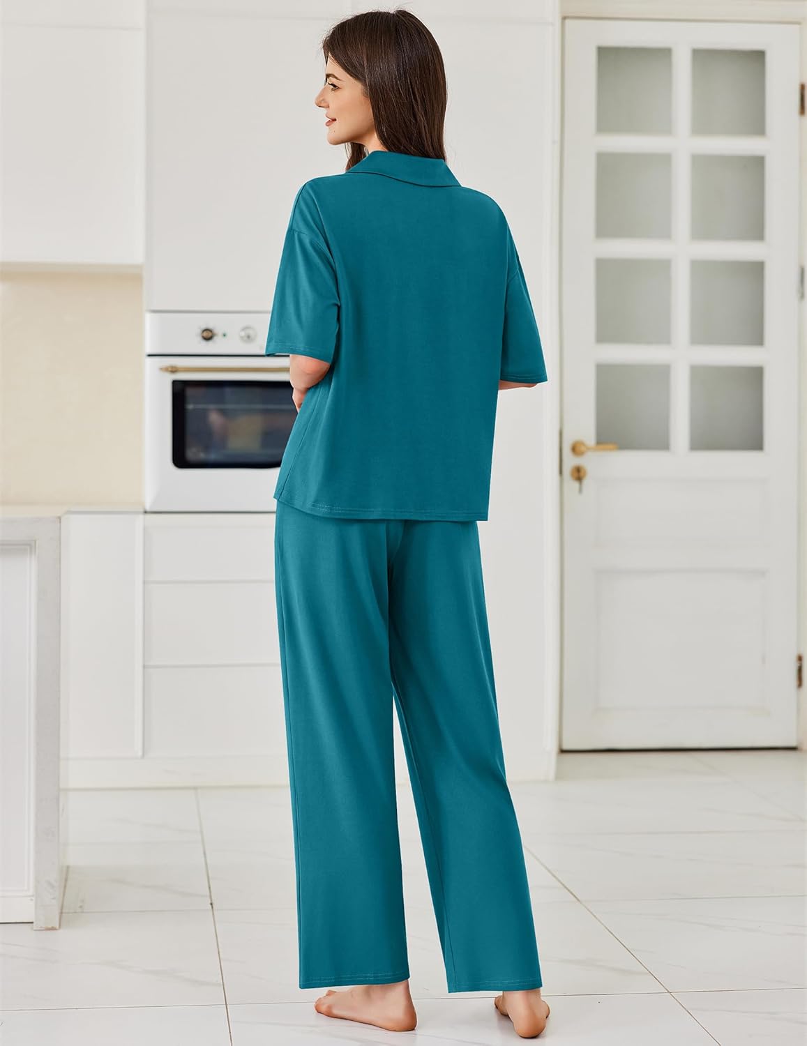 Blue-green pajama set, back view of button shirt and straight-leg long pants