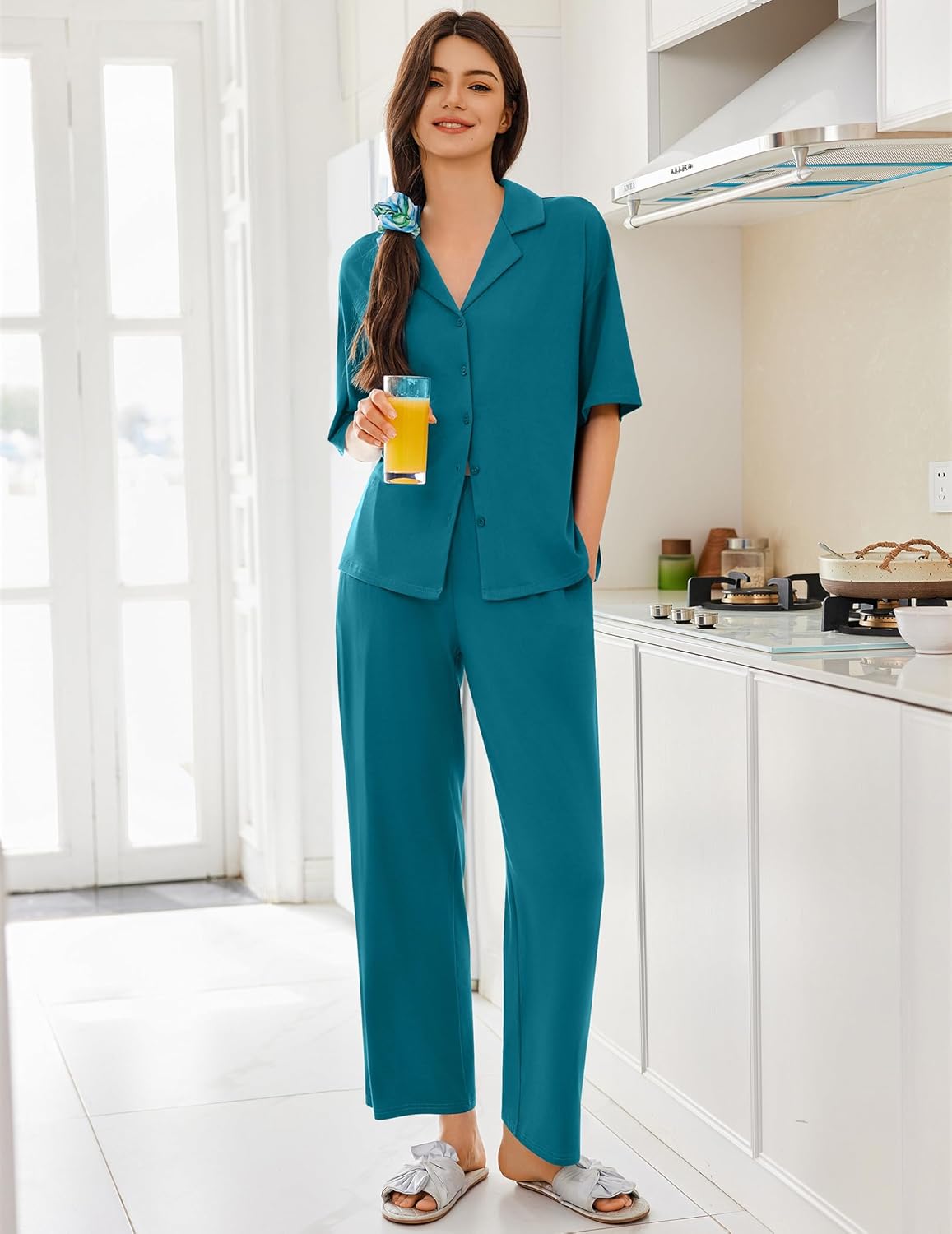 Ekouaer pajama set, button-front top and pants in blue-green, relaxed fit