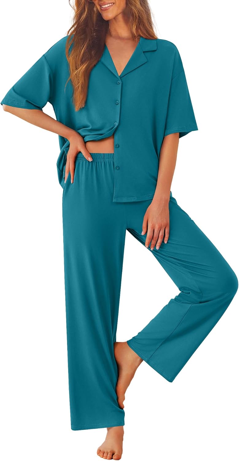 Blue-green pajama set with short-sleeve button top and elastic-waist long pants