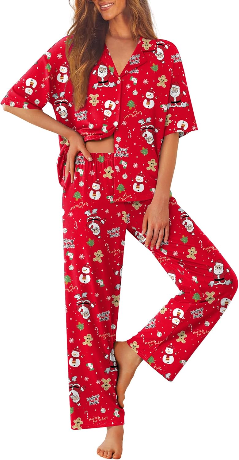 Rotes Pyjama-Set mit Weihnachtsmotiv, kurzarmiges Knopfhemd und lange Hose