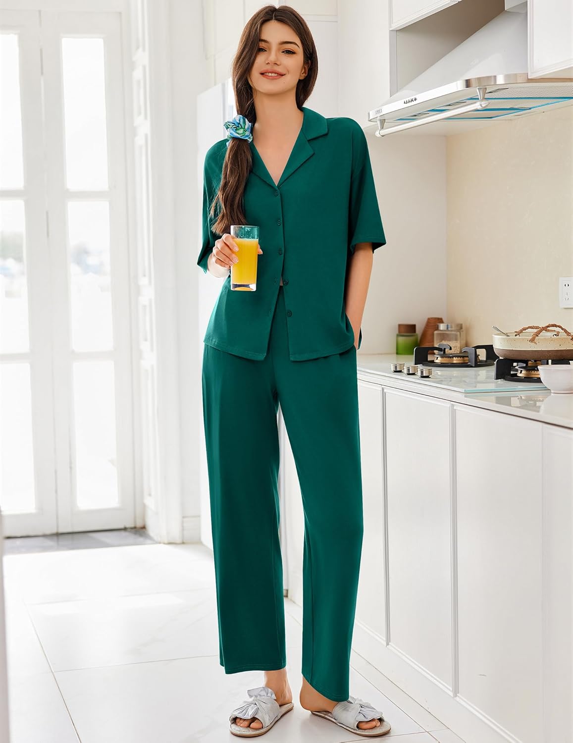 Dark green button-down pajama set with short sleeves and matching long pants