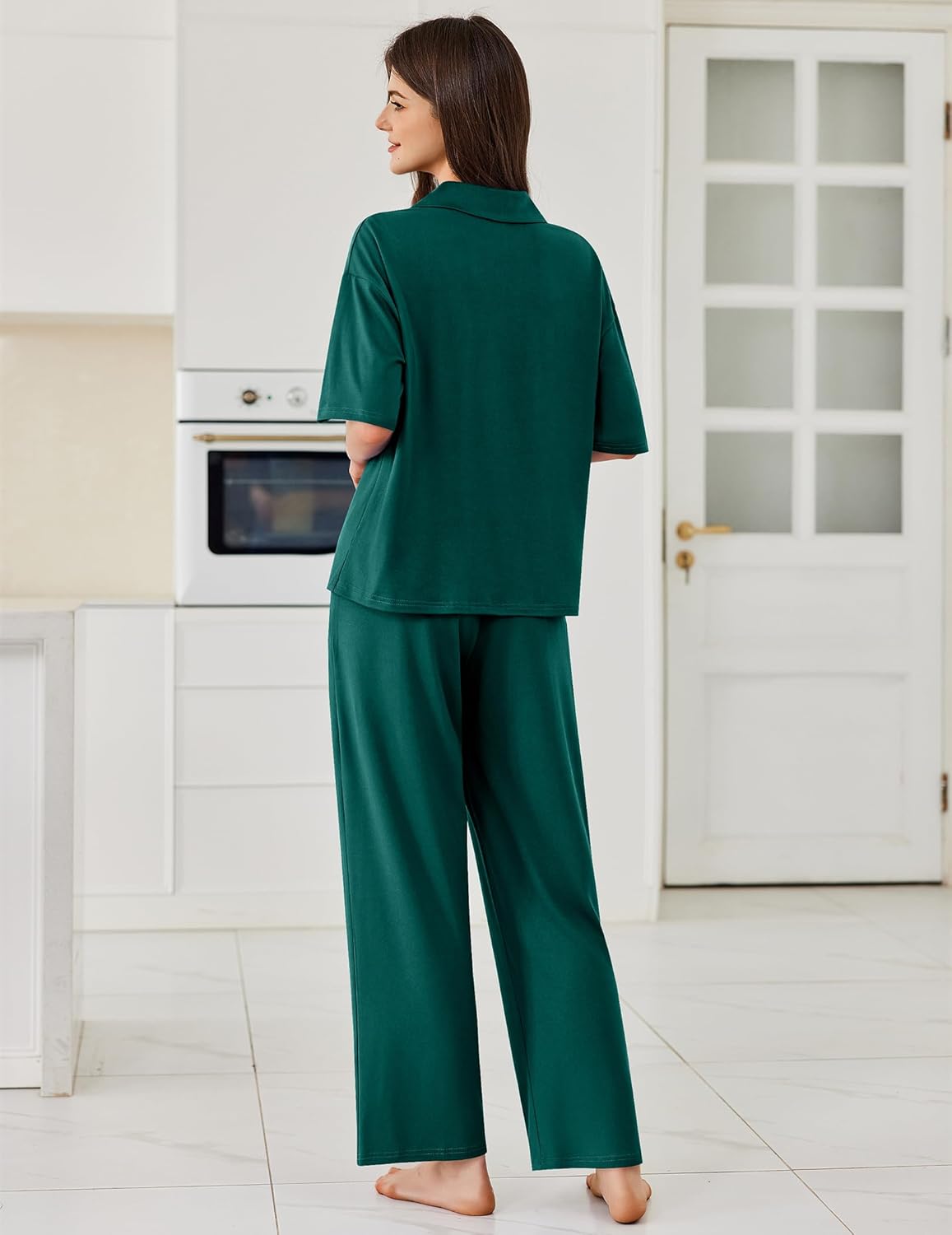 Dark green pajama set back view, button-up top with long straight-leg pants