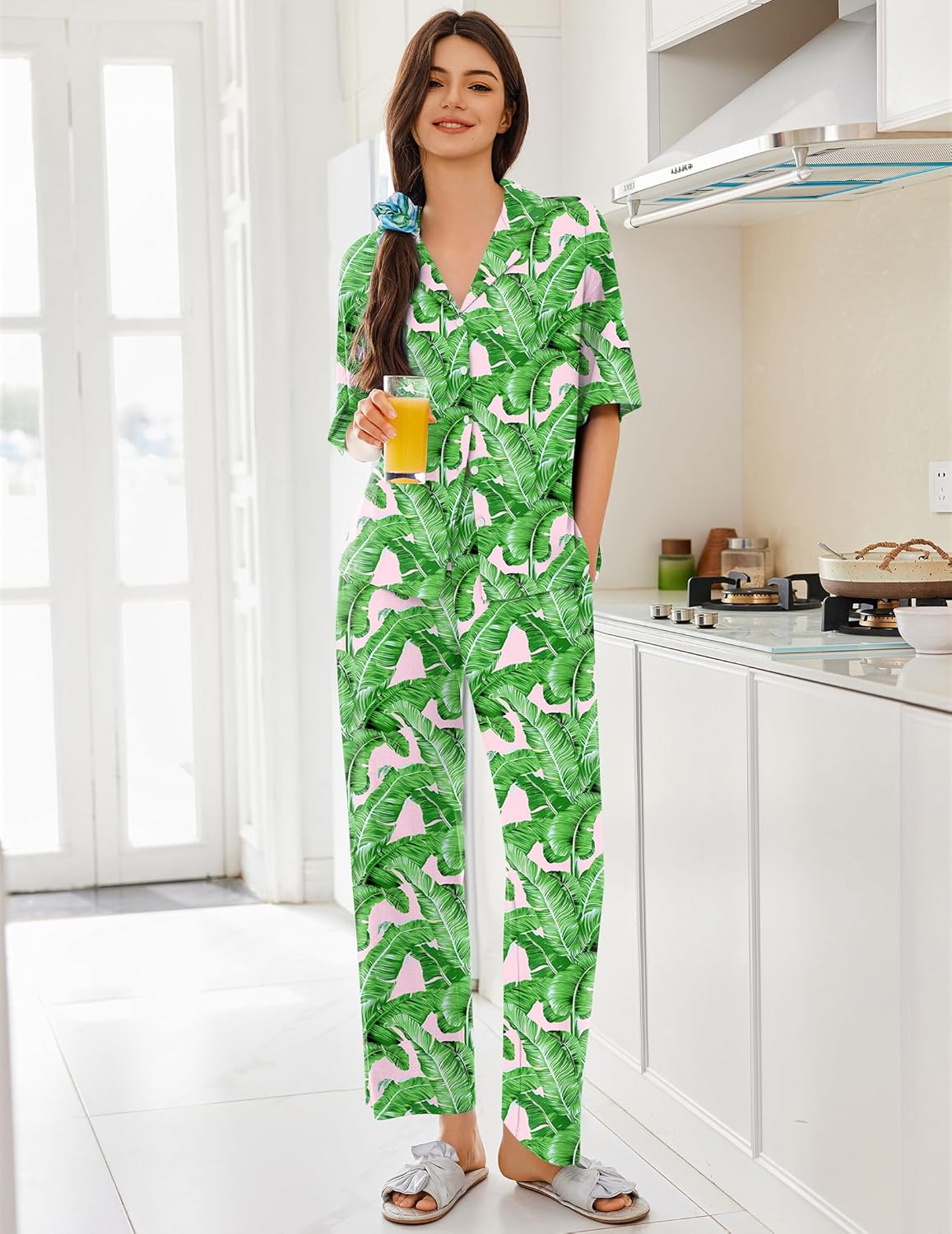 Pajama set with green-leaf print, button-front top and long pants