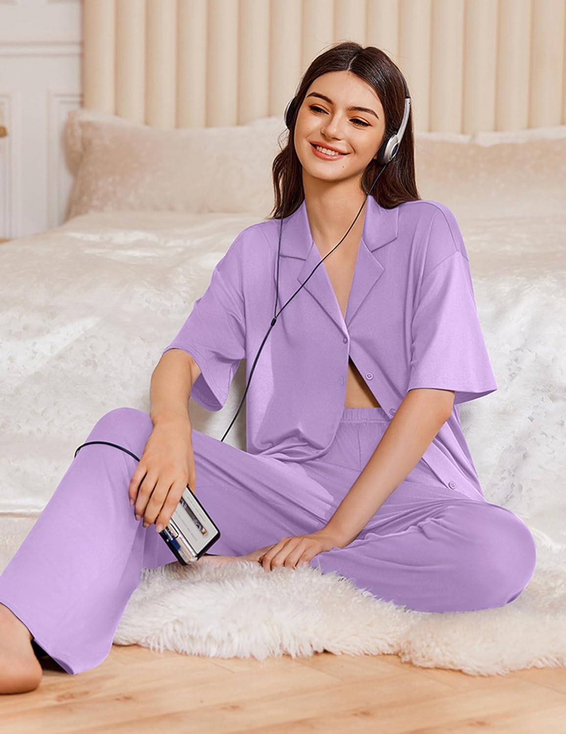 Lavender button-down pajama set with short sleeves and matching pants