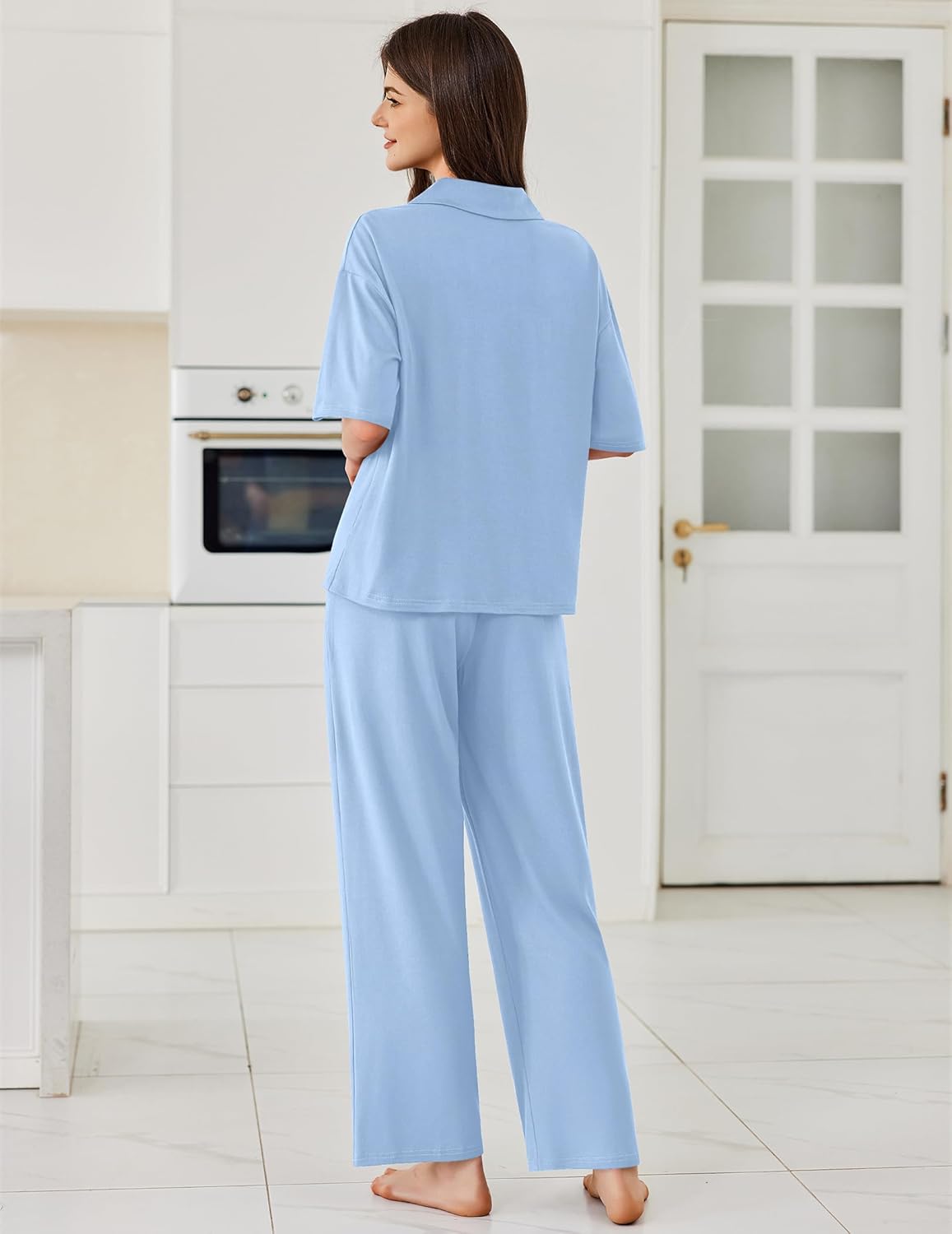 Blue pajama set for women: short-sleeve button-up shirt and long wide-leg pants