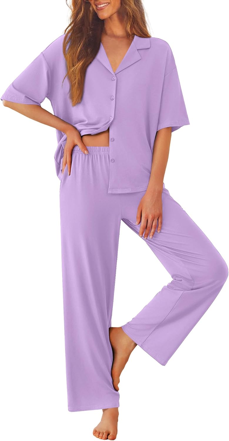 Light purple pajama set, button shirt with pocket and elastic-waist long pants