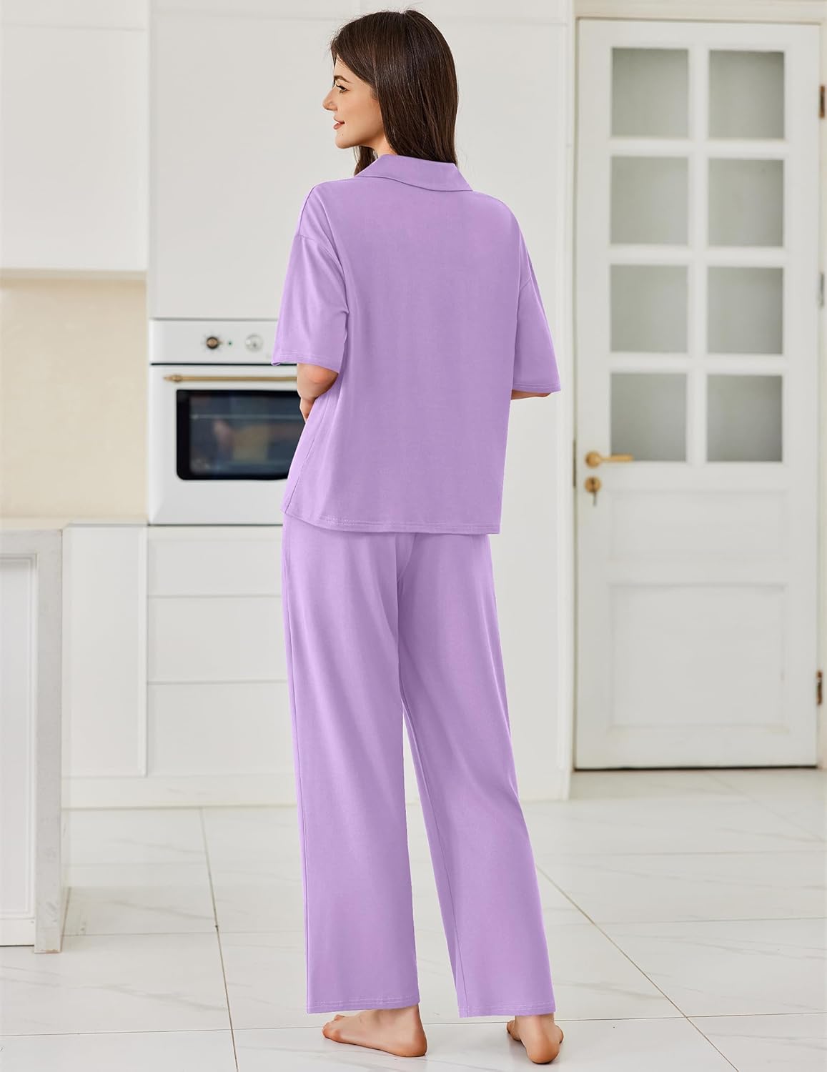 Light purple pajama set, back view of button shirt and wide long pants