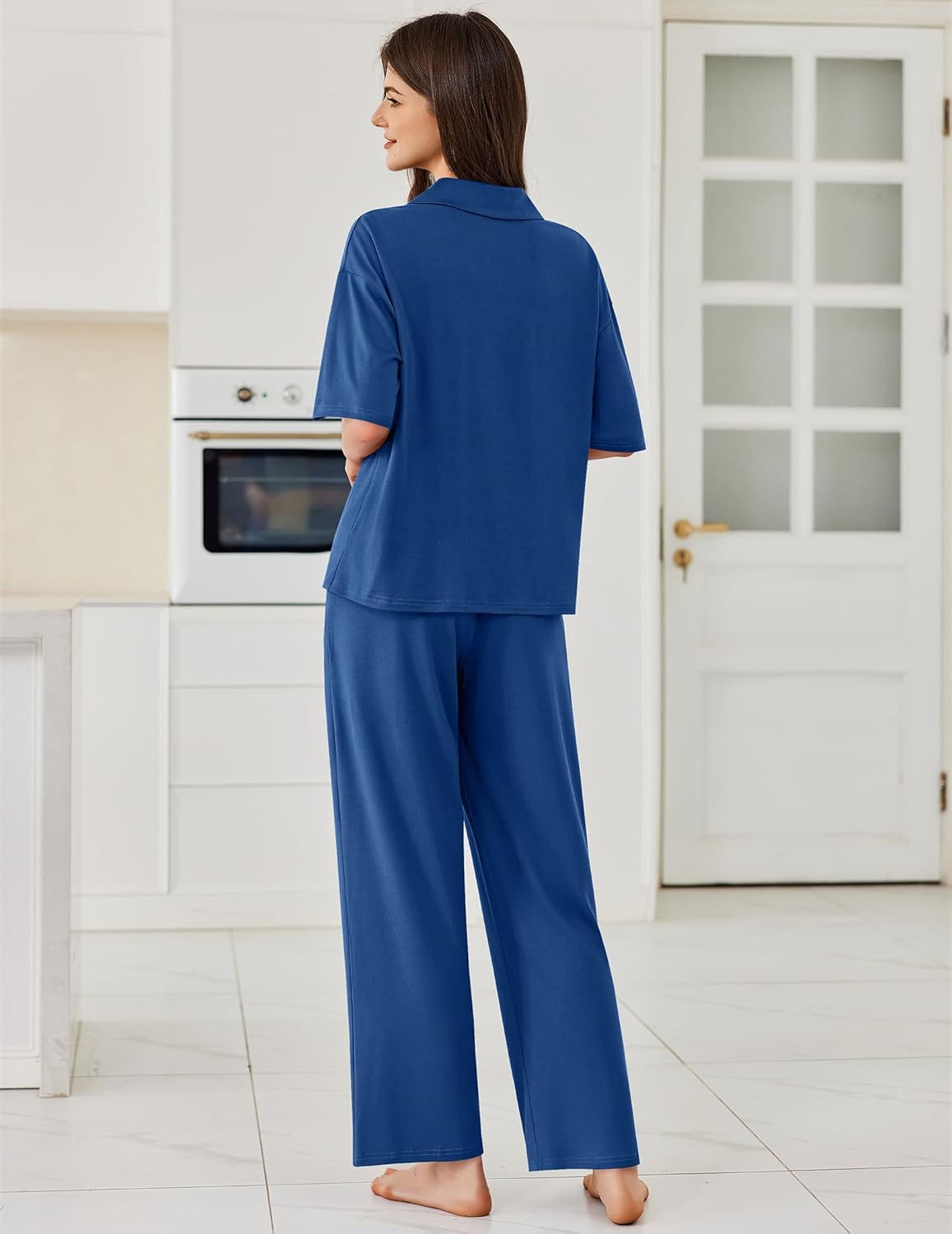 Blue button-down pajama set, short-sleeve collared top with matching long pants (back view)